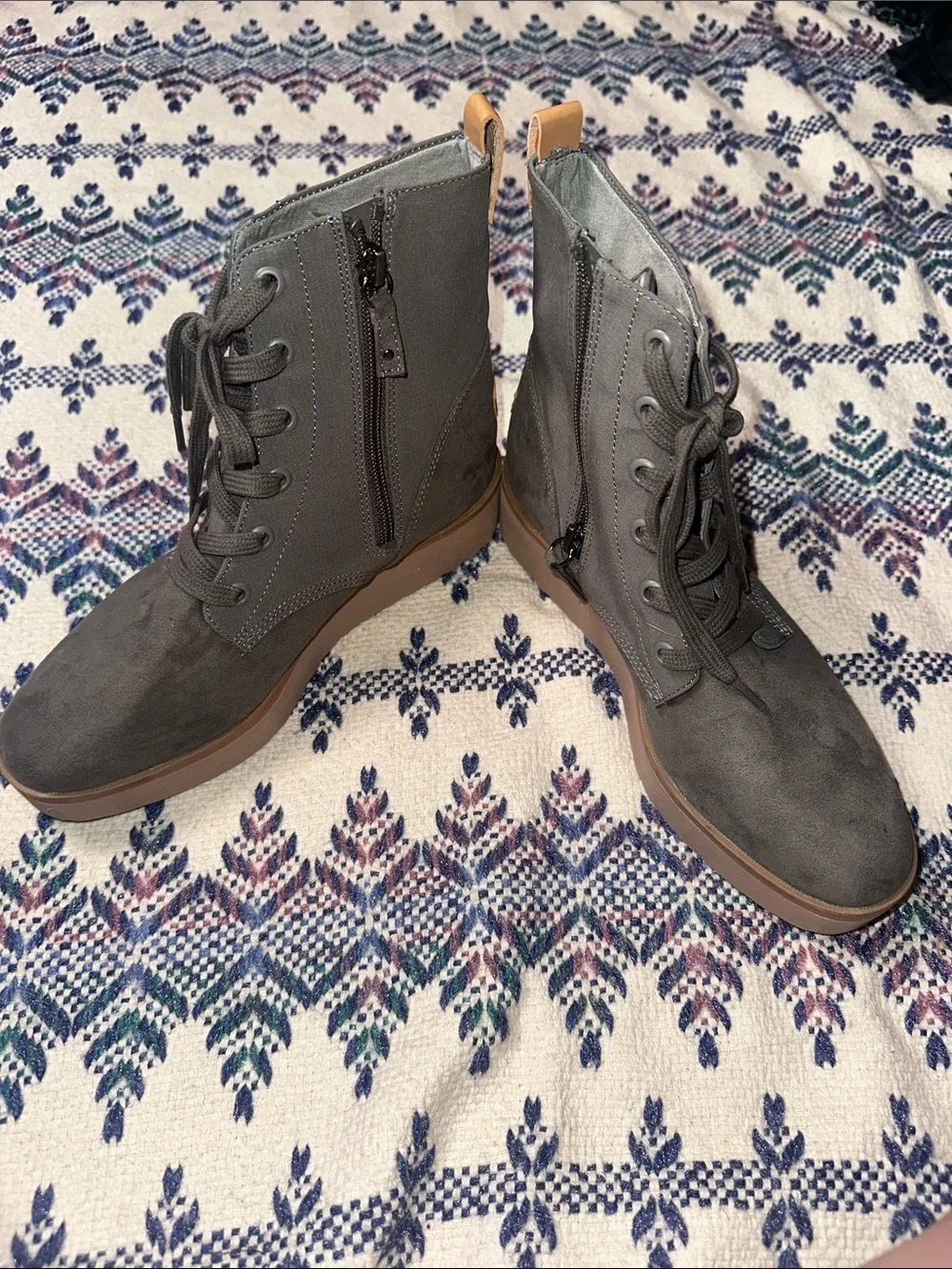 Dr. Scholl's Charcoal Lace-Up Side-Zip Ankle Boots with Tan Heel Pull